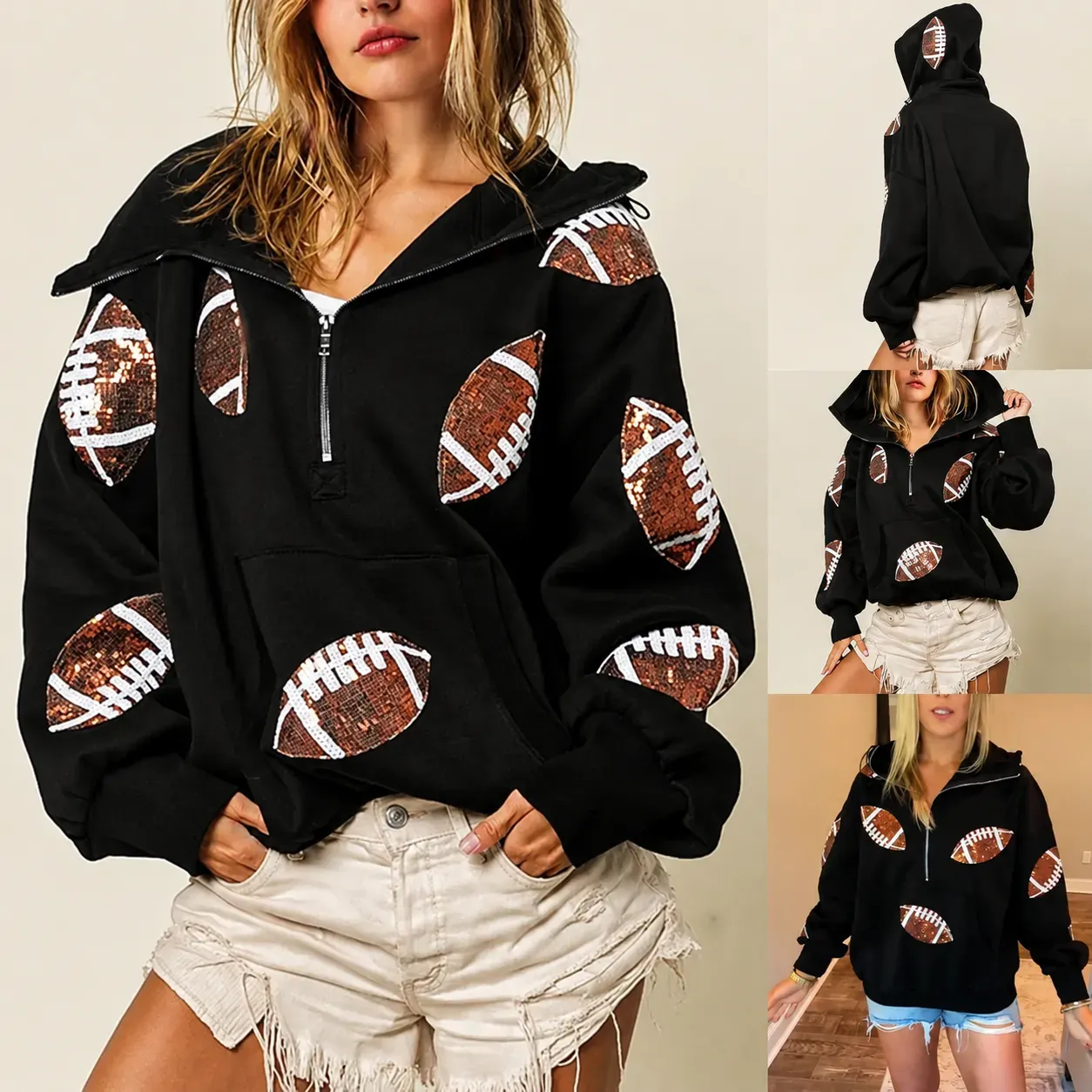 Vintage Zip-Up Football Hoodie Varsity Sportswear Sweatshirt