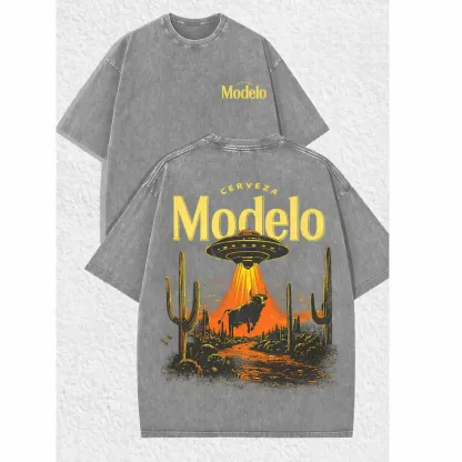 Modelo UFO Bull Vintage Washed Tee – Retro Beer Desert Graphic Shirt