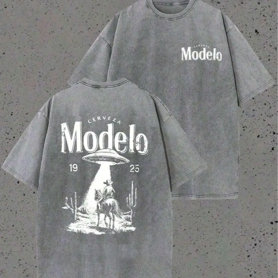 Modelo UFO Cowboy Vintage Washed Tee – Heavyweight Western Streetwear Shirt