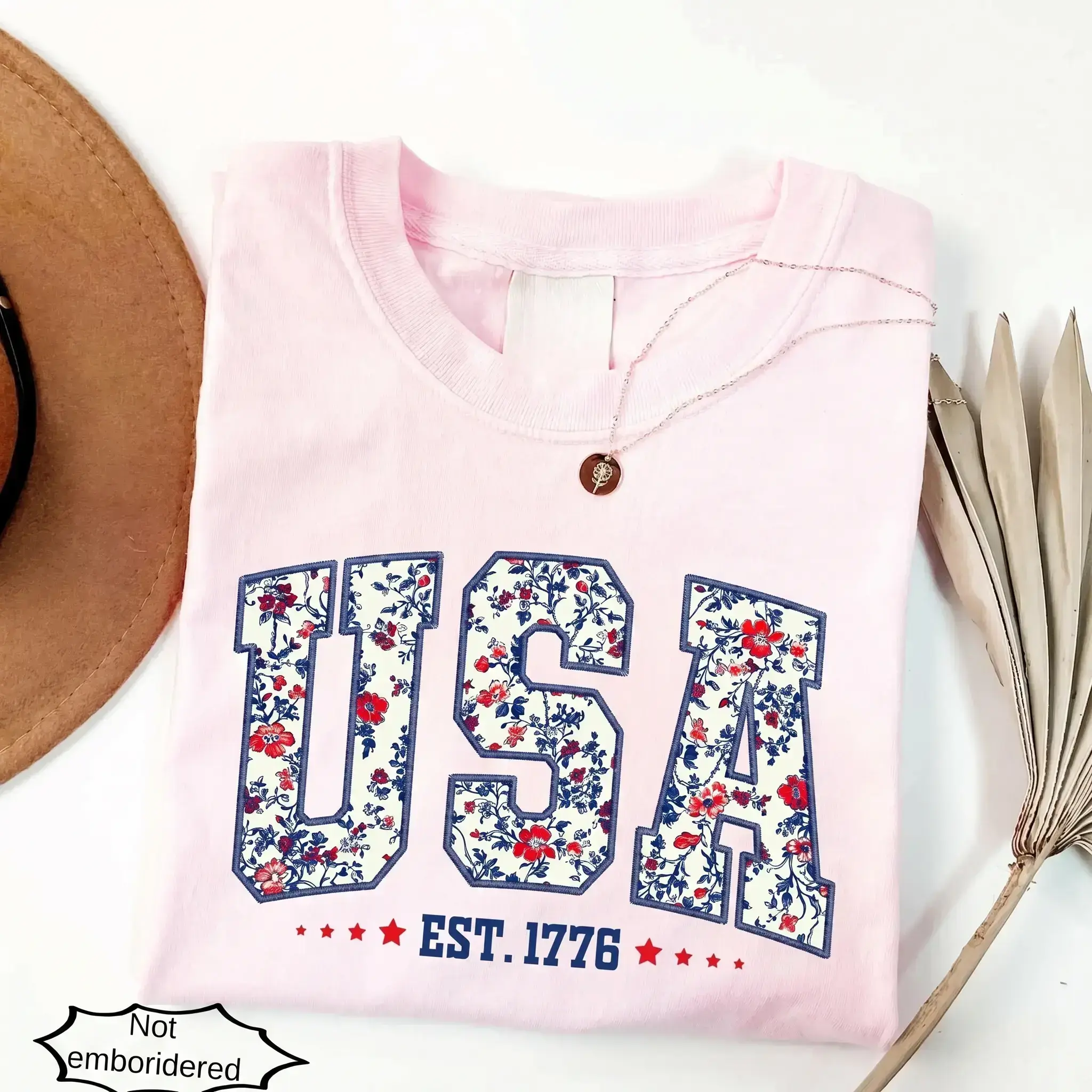 Floral USA Shirt | Faux Embroidered Print Patriotic Tee | Retro 4th of July America Shirt
