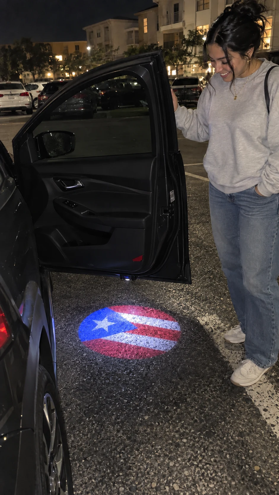 Nighttime Street Arrival with Bright Flag Courtesy Welcome Light