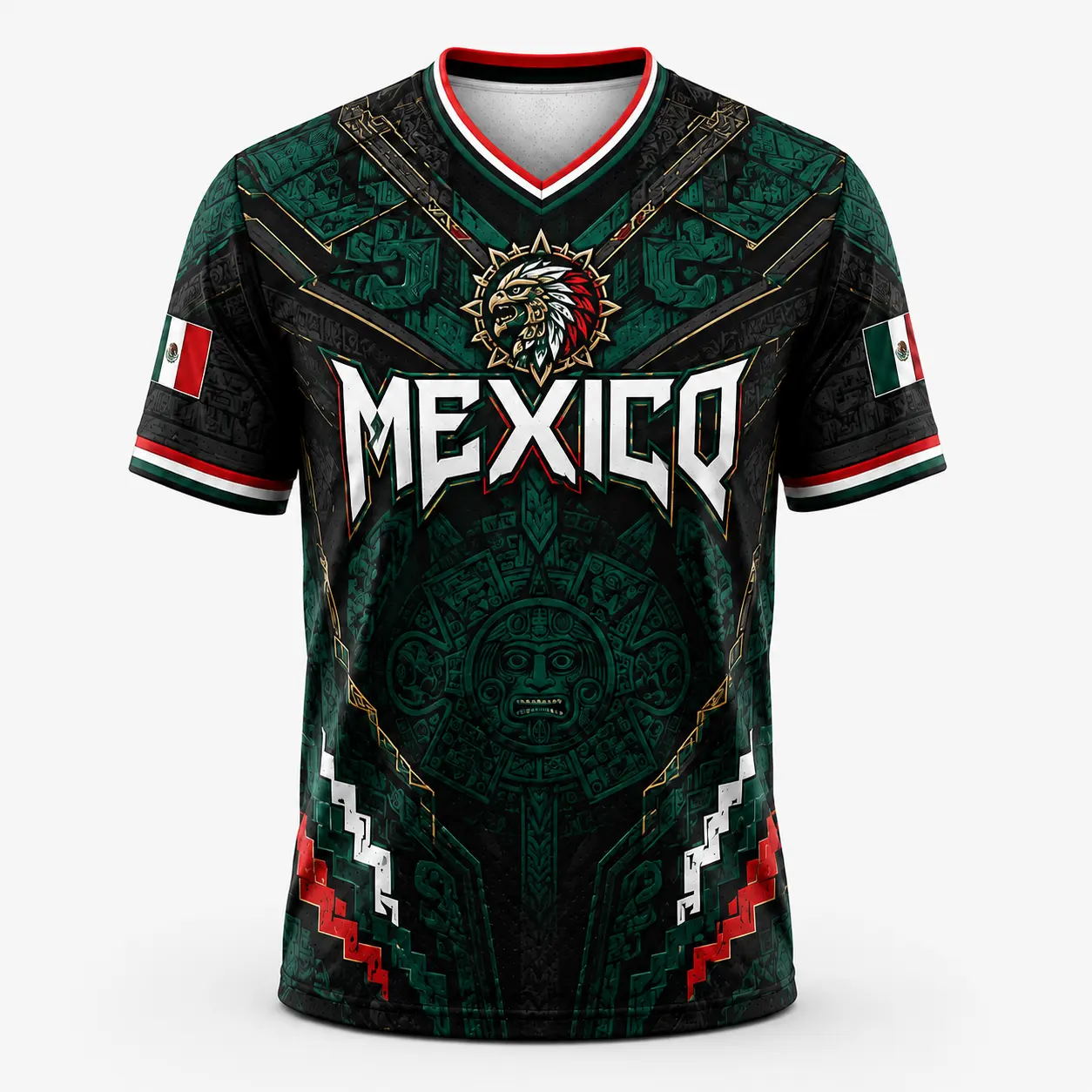 Men's Mexico Soccer Jersey 2026 – Aztec Calendar & Eagle Warrior V-Neck Fan Shirt