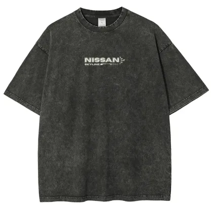 Vintage Skyline Washed Blue Graphic T-Shirt – Oversized JDM Streetwear Tee