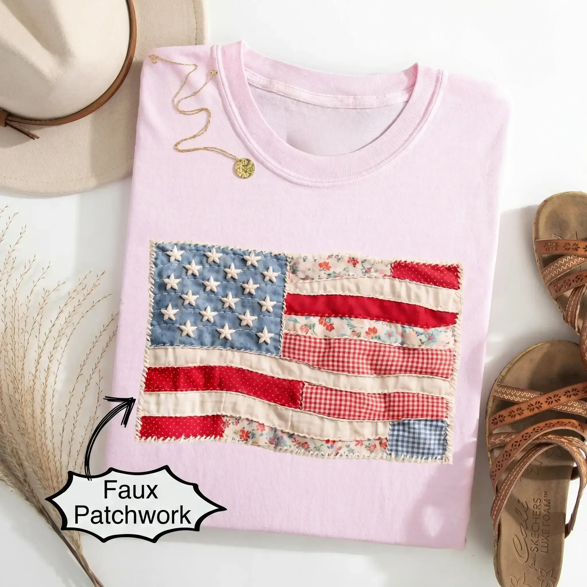 Retro American Flag Shirt | Faux Patchwork Patriotic Graphic Tee | 4th of July Shirt
