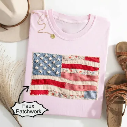 Retro American Flag Shirt | Faux Patchwork Patriotic Graphic Tee | 4th of July Shirt