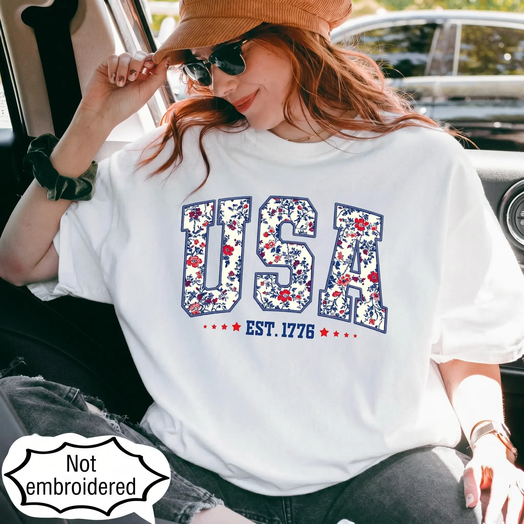 Floral USA Shirt | Faux Embroidered Print Patriotic Tee | Retro 4th of July America Shirt