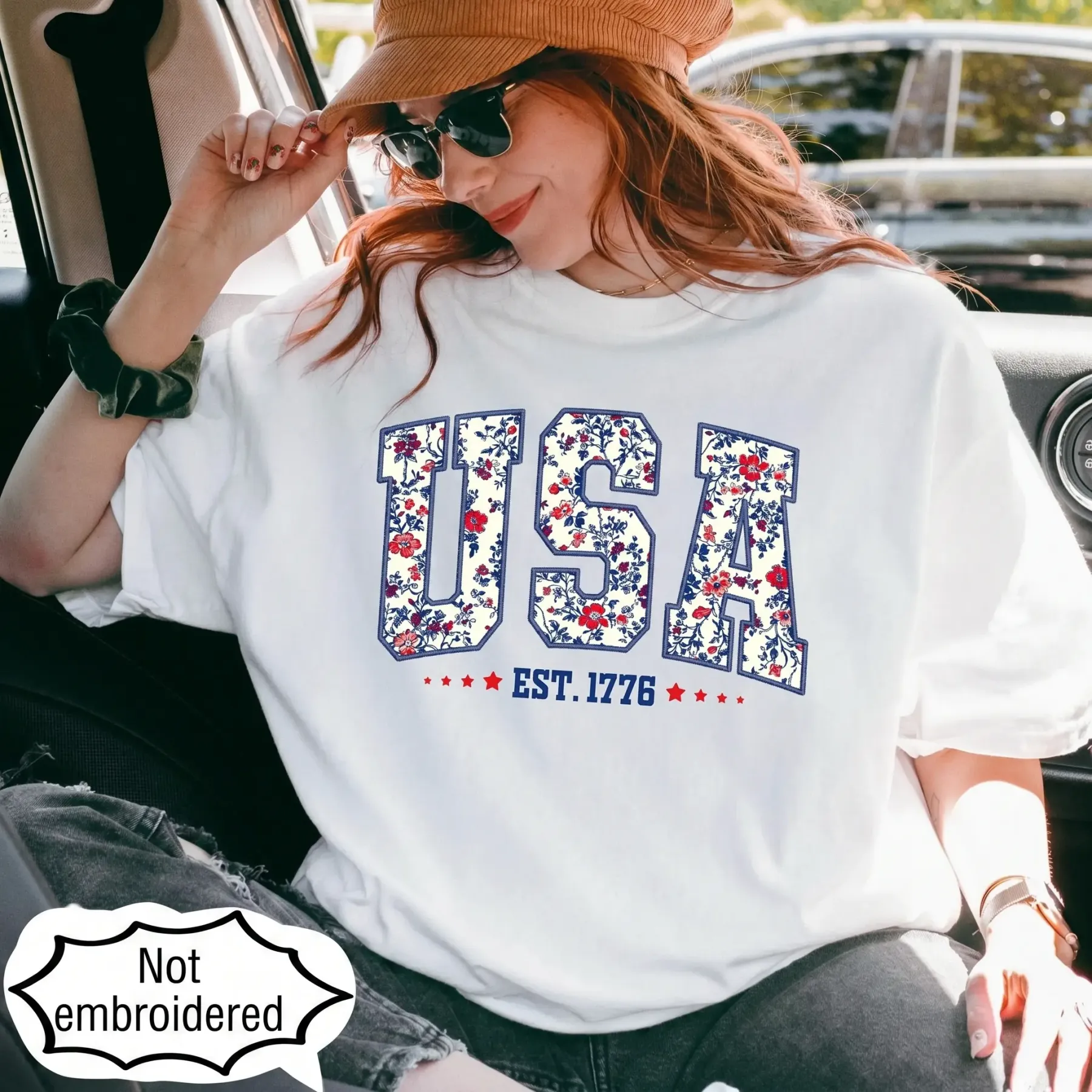 Floral USA Shirt | Faux Embroidered Print Patriotic Tee | Retro 4th of July America Shirt