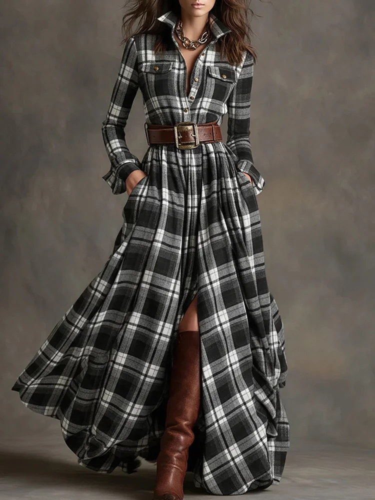 Vintage French Plaid Maxi Dress | Asymmetrical & Slimming (Free Belt Included)