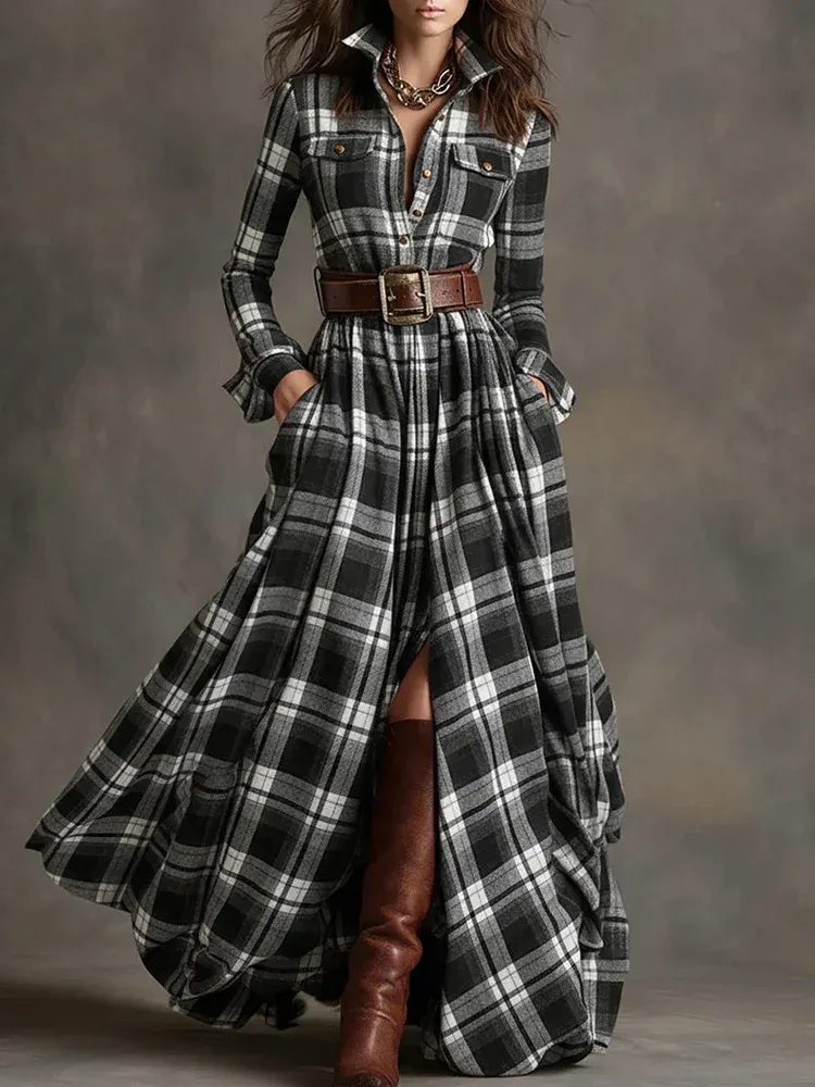 Vintage French Plaid Maxi Dress | Asymmetrical & Slimming (Free Belt Included)