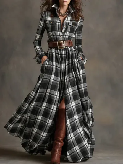 Vintage French Plaid Maxi Dress | Asymmetrical & Slimming (Free Belt Included)