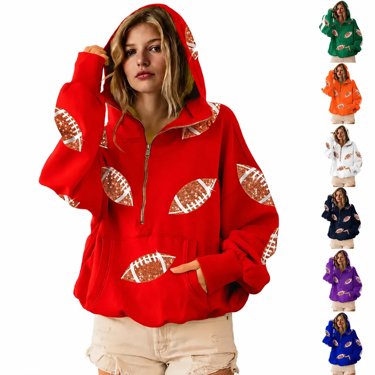 Vintage Zip-Up Football Hoodie Varsity Sportswear Sweatshirt