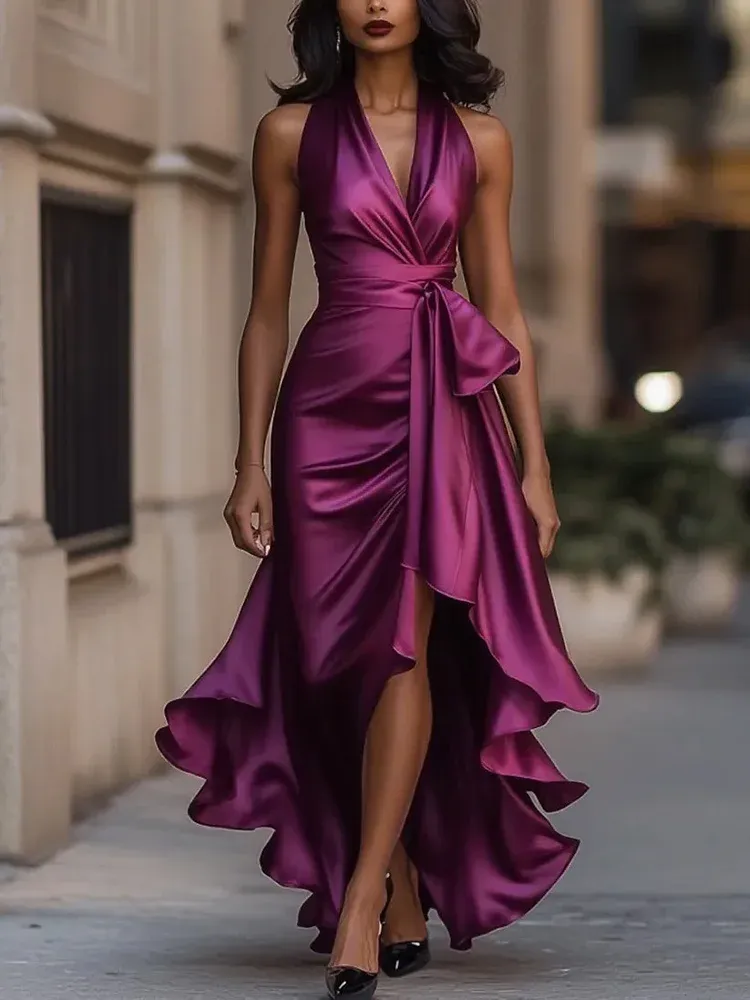 Elegant Satin Halter Ruffle Dress – Irregular Hem Midi Maxi Party Dress