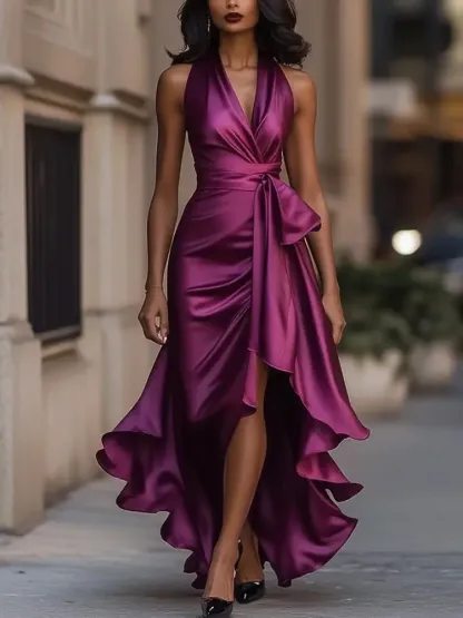 Elegant Satin Halter Ruffle Dress – Irregular Hem Midi Maxi Party Dress