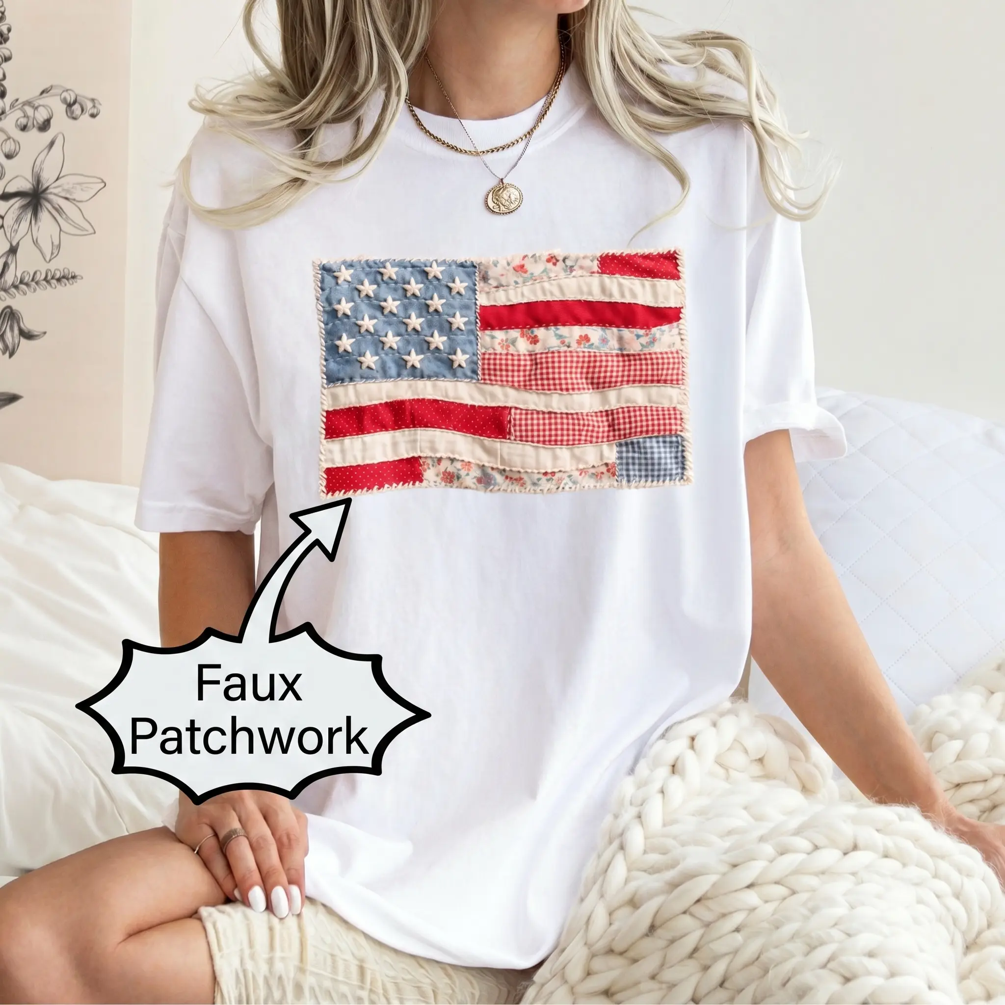 Retro American Flag Shirt | Faux Patchwork Patriotic Graphic Tee | 4th of July Shirt