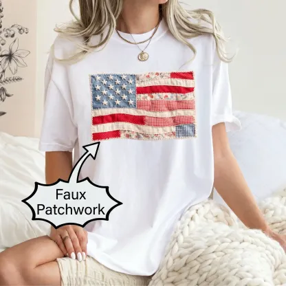 Retro American Flag Shirt | Faux Patchwork Patriotic Graphic Tee | 4th of July Shirt