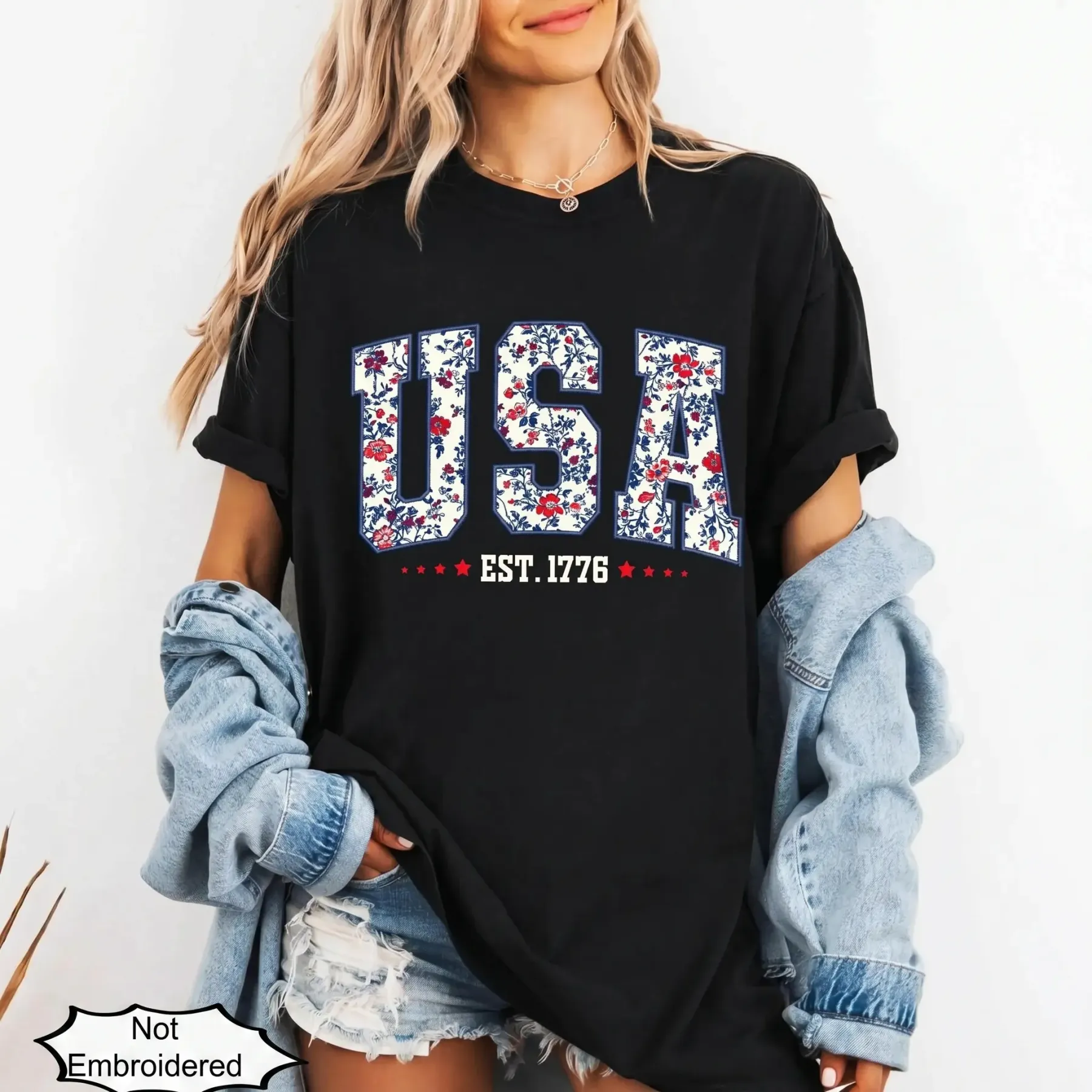Floral USA Shirt | Faux Embroidered Print Patriotic Tee | Retro 4th of July America Shirt