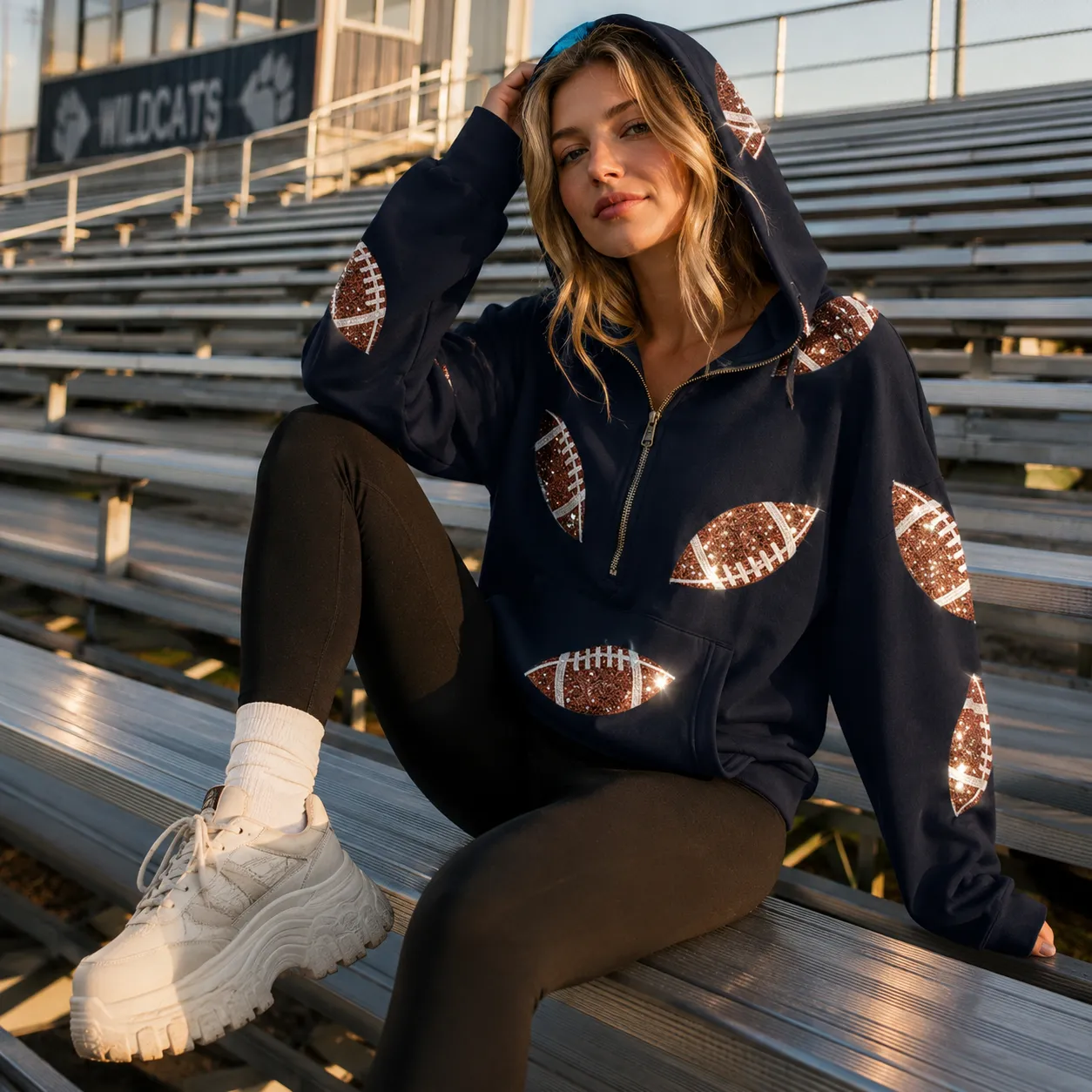 Vintage Zip-Up Football Hoodie Varsity Sportswear Sweatshirt