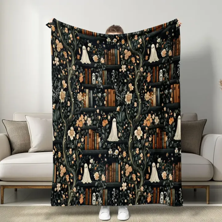 Soft Ghost Library Flannel Blanket - Cozy Throw for Sofa and Bed