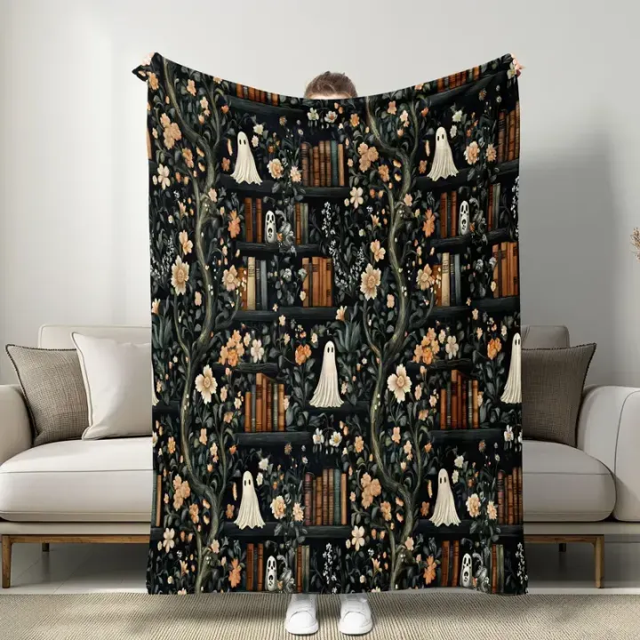 Soft Ghost Library Flannel Blanket - Cozy Throw for Sofa and Bed