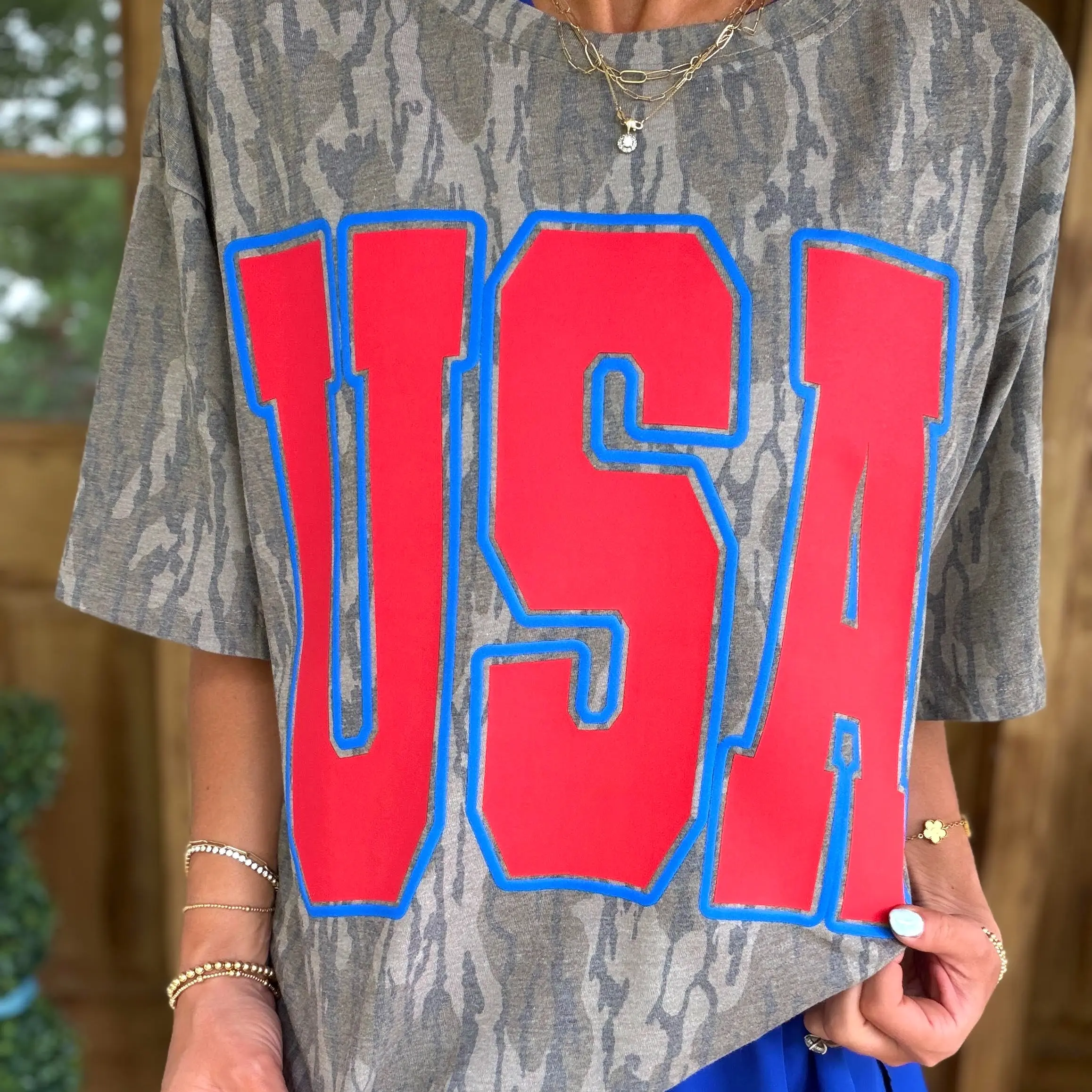 USA Outlined Puff Print Camo T-Shirt - Patriotic 4th of July & Memorial Day Tee