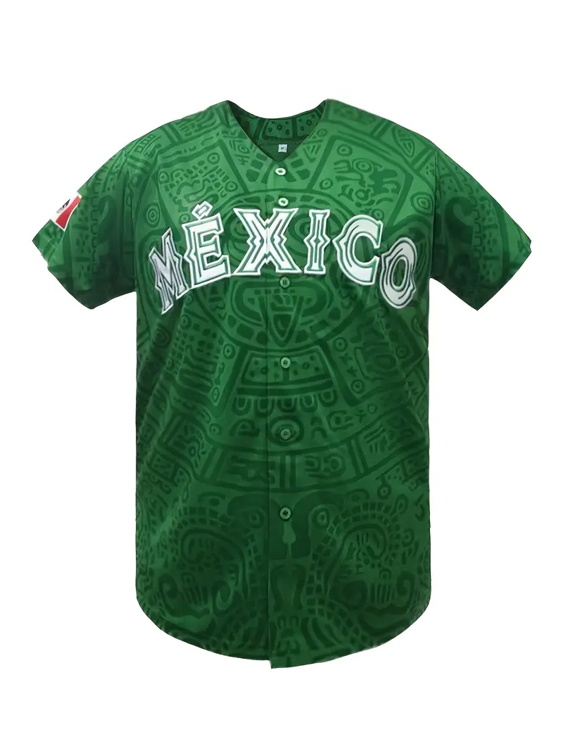 Mexico Aztec Calendar Men's Baseball Jersey - Patriotic V-Neck Short Sleeve Button Down Shirt Heritage Sports Streetwear