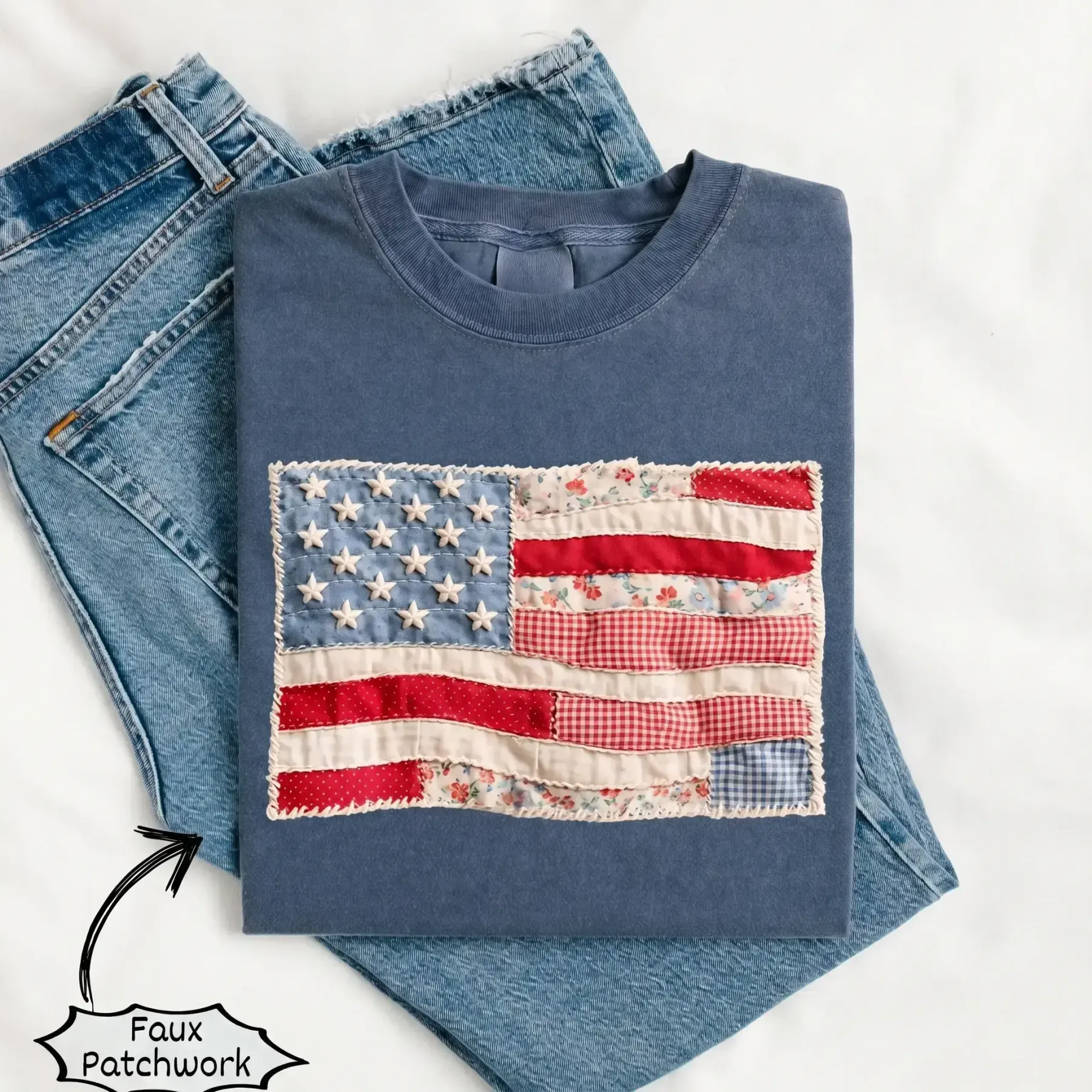 Retro American Flag Shirt | Faux Patchwork Patriotic Graphic Tee | 4th of July Shirt