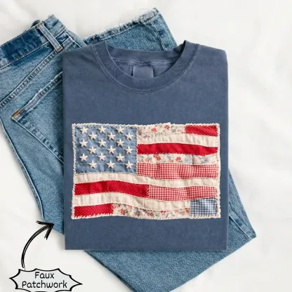 Retro American Flag Shirt | Faux Patchwork Patriotic Graphic Tee | 4th of July Shirt