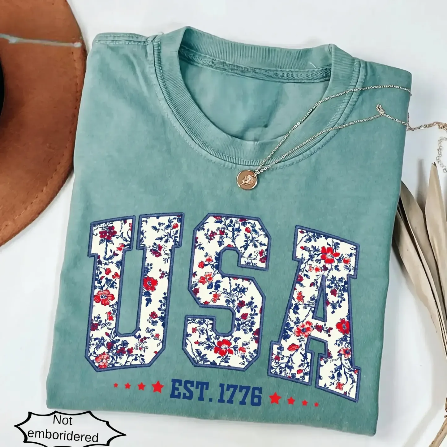 Floral USA Shirt | Faux Embroidered Print Patriotic Tee | Retro 4th of July America Shirt