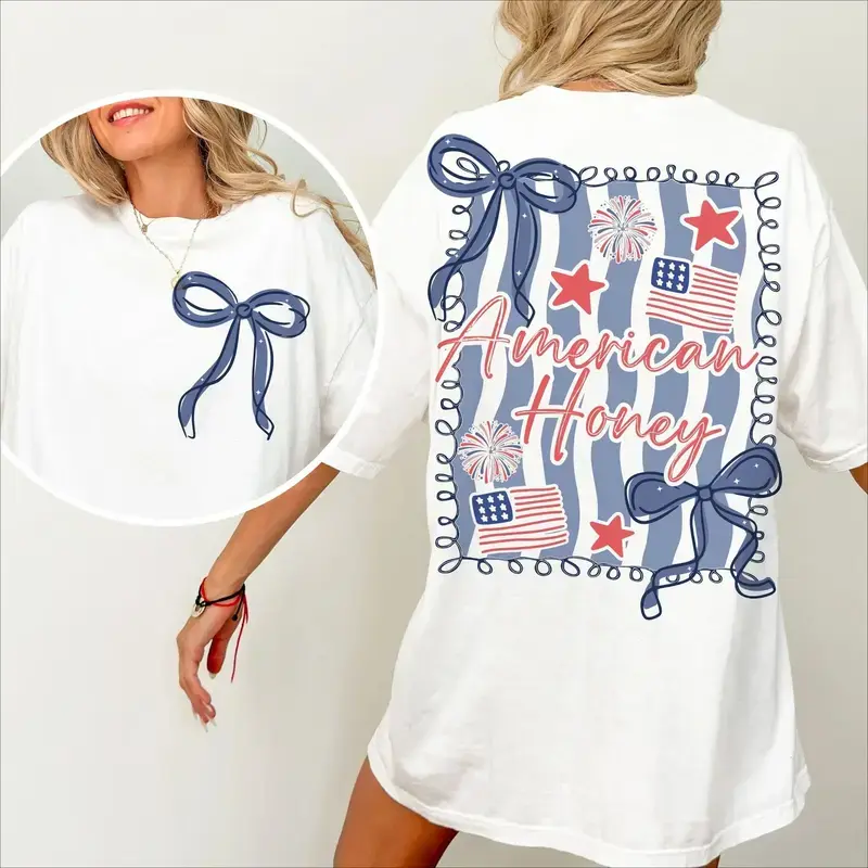 American Honey Coquette 4th of July T-Shirt - Cute Patriotic Bow Graphic Tee