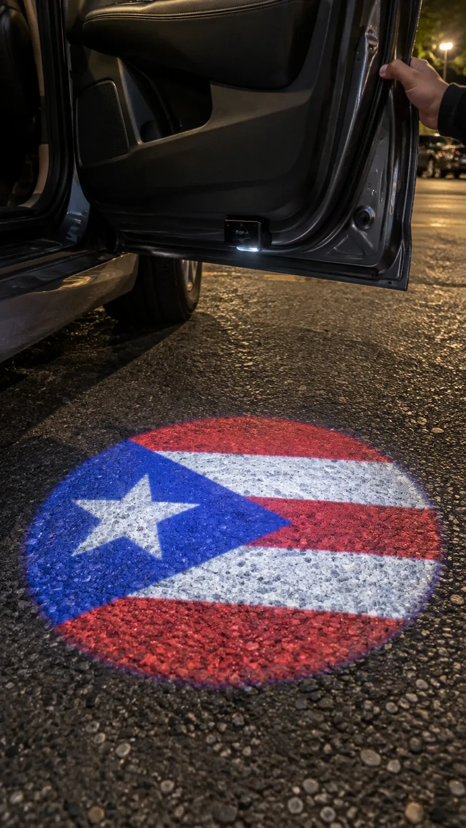 Hand Opening Car Door with Crisp Ground Logo Illumination