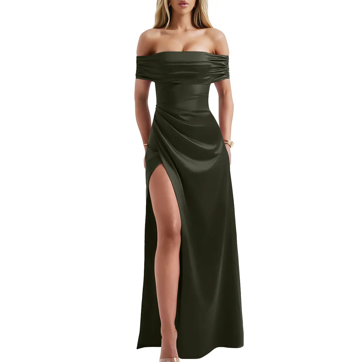 Elegant Off-Shoulder High Slit Maxi Dress – Bodycon Evening & Wedding Guest Dress