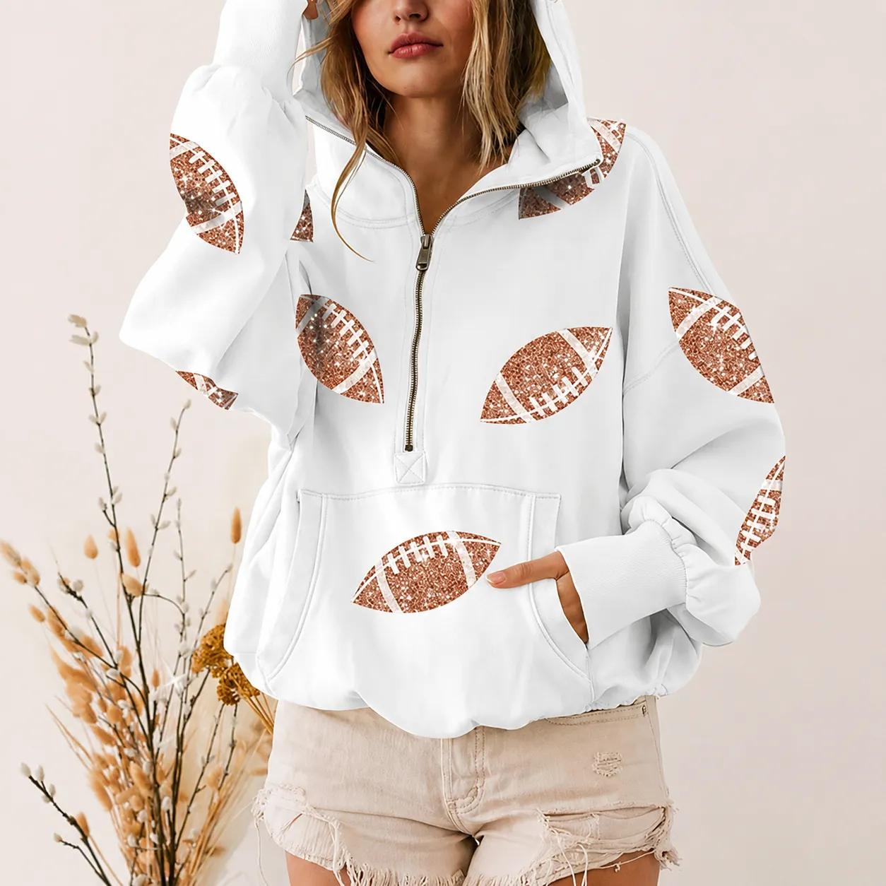 Vintage Zip-Up Football Hoodie Varsity Sportswear Sweatshirt