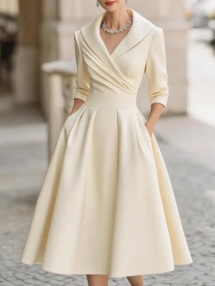 Elegant Satin Waist-Cinching Long-Sleeved Midi Dress