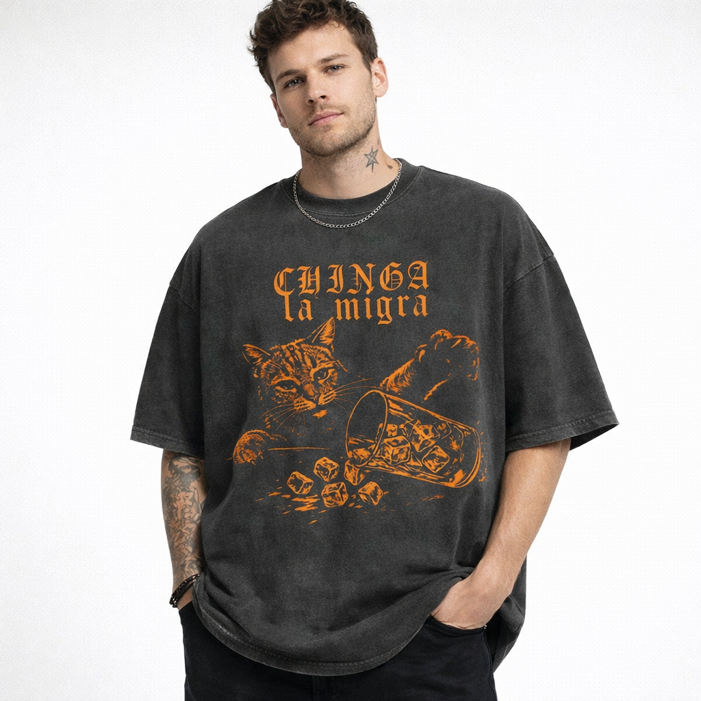 Chinga La Migra Cat Graphic T-Shirt – Vintage Washed Statement Streetwear Tee