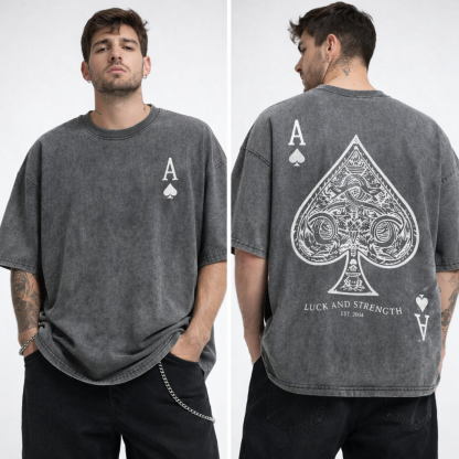 Retro Washed Double-Sided Ace Graphic Tee – Luck and Strength Vintage Streetwear T-Shirt