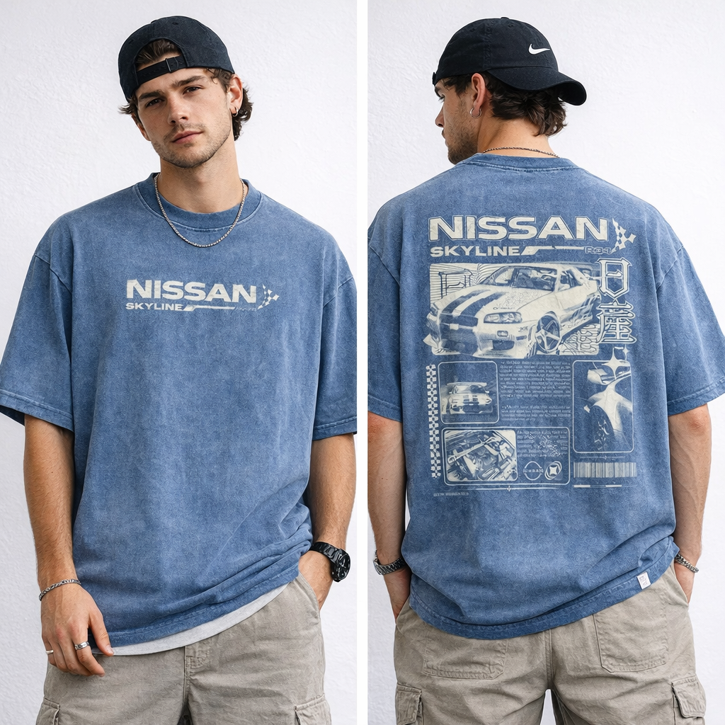 Vintage Skyline Washed Blue Graphic T-Shirt – Oversized JDM Streetwear Tee