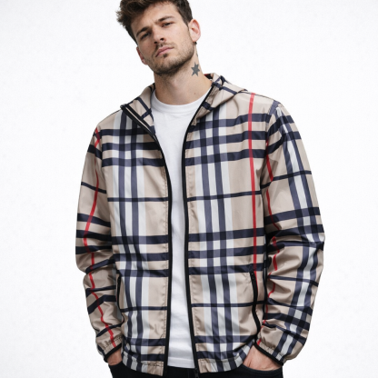 Men’s Khaki Plaid Lightweight Zip Jacket – Casual Stand Collar Windbreaker