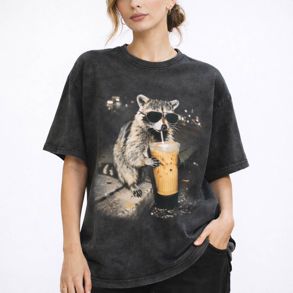 Vintage Caffeinated Raccoon Graphic Tee - Iced Coffee Trash Raccoon Shirt