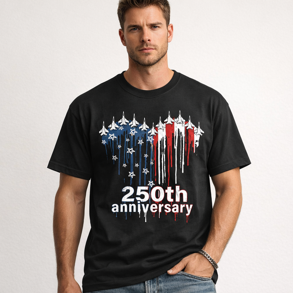 250th Anniversary USA Jet Fighter Graphic T-Shirt – Patriotic America 1776–2026 Tee