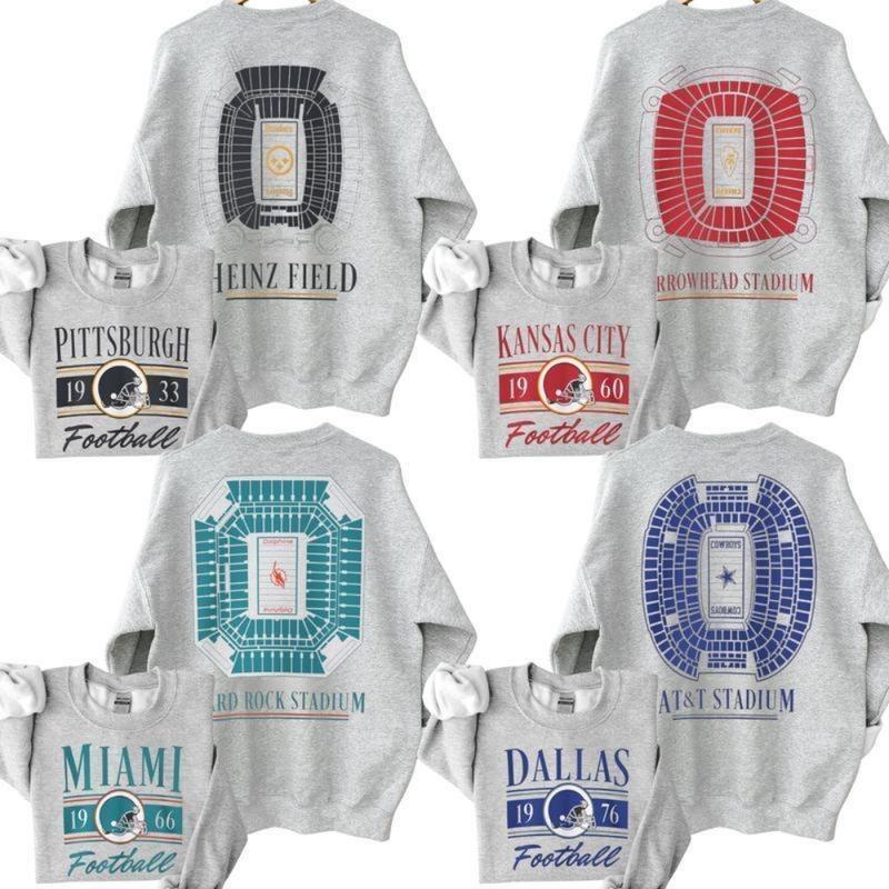 “NFL Stadium & City” Retro Gray Crewneck Sweatshirts