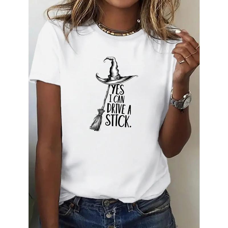 “YES I CAN DRIVE A STICK.” Witch Pun Halloween Crewneck Tees