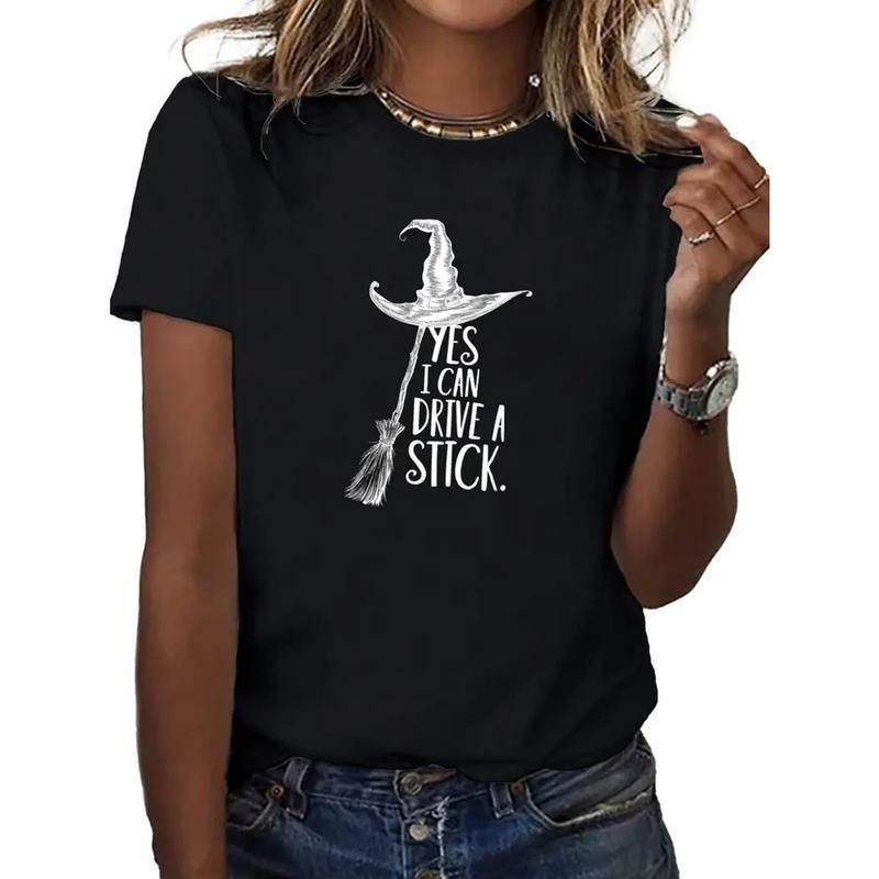 “YES I CAN DRIVE A STICK.” Witch Pun Halloween Crewneck Tees