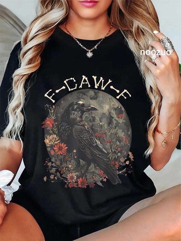 “F - CAW - F” Raven Flower Moon Dark Style Black Crewneck Tee