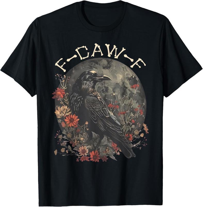 “F - CAW - F” Raven Flower Moon Dark Style Black Crewneck Tee