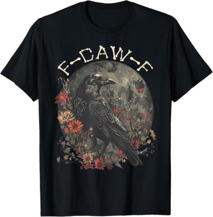 “F - CAW - F” Raven Flower Moon Dark Style Black Crewneck Tee