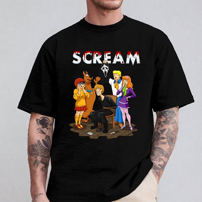 Scooby-Doo x Scream Crossover Graphic Apparel - Horror Cartoon Fusion Tee, Sweatshirt & Hoodie