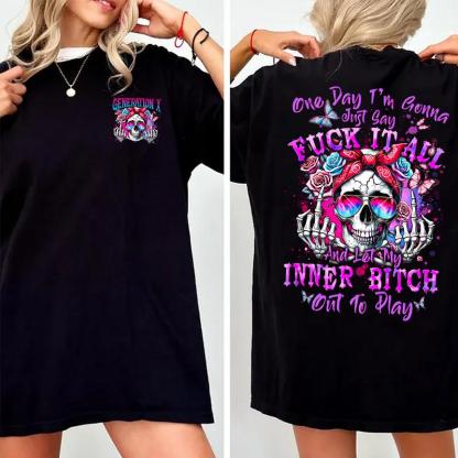 Custom Generation (Baby Boomers/Gen X/Millennials) Rebellious Skull Apparel - Inner Bitch Slogan Graphic Hoodie/Tee