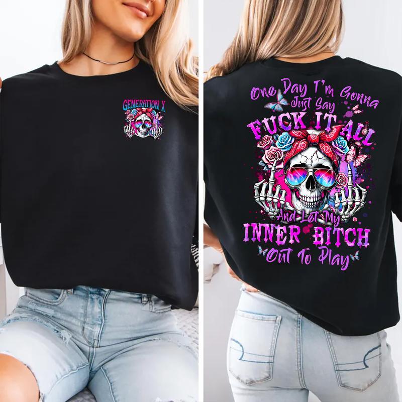 Custom Generation (Baby Boomers/Gen X/Millennials) Rebellious Skull Apparel - Inner Bitch Slogan Graphic Hoodie/Tee