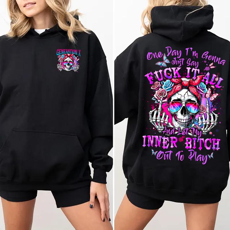 Custom Generation (Baby Boomers/Gen X/Millennials) Rebellious Skull Apparel - Inner Bitch Slogan Graphic Hoodie/Tee