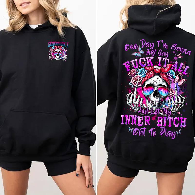 Custom Generation (Baby Boomers/Gen X/Millennials) Rebellious Skull Apparel - Inner Bitch Slogan Graphic Hoodie/Tee